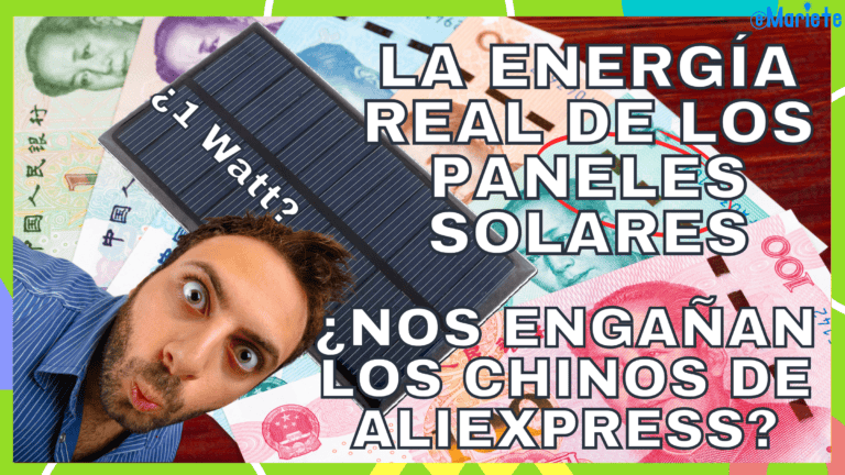Miniatura con un panel solar sobre billetes de yuanes, la cara sorprendida de un hombre y texto grande en español que pregunta si los paneles solares chinos de AliExpress engañan.